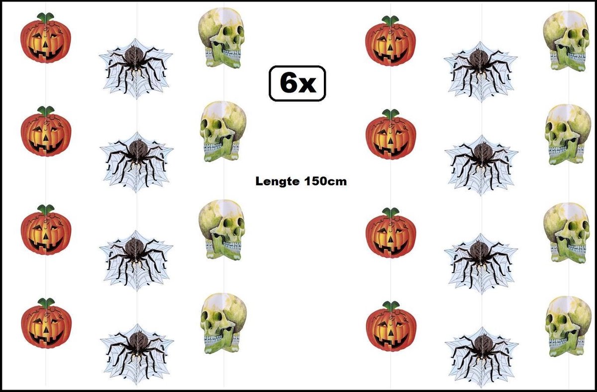 6x Hang decoratie scary horror 150 cm assortie - Halloween | Horror | griezel | Spin | Skelet | pompoen | creepy